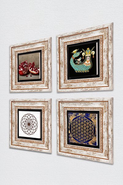 Pinecone Floarea vieții, Şahmeran, Pictură pe perete din piatră de rodie Decor de perete înrămat Set de pictură 4 piese TK4-771