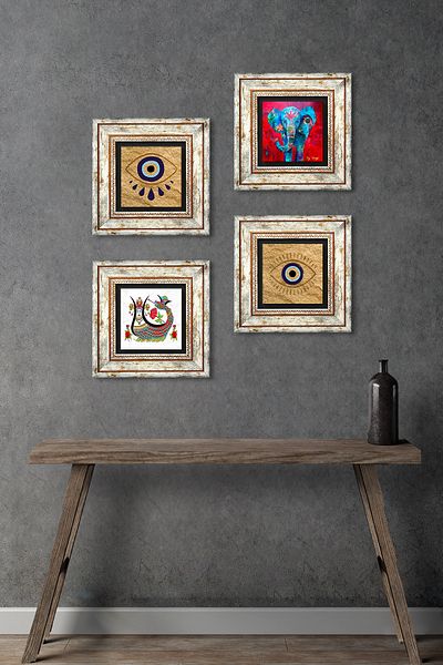 Pinecone Evil Eye, Elephant, Shahmeran Stone Wall Painting Framed Wall Decor 4 Piece Painting Set Wall Art Tk4-1492