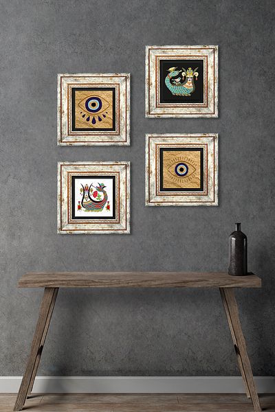 Pinecone Evil Eye, Shahmeran Stone Wall Painting Framed Wall Decor 4 Piece Painting Set Wall Art Tk4-1495