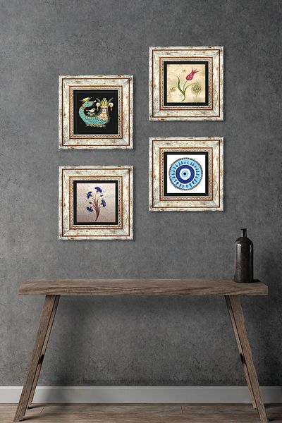 Pinecone Evil Eye, Marbling Art, Tulip, Shahmeran Stone Wall Painting Framed Wall Decor Set of 4 Painting Tk4-993