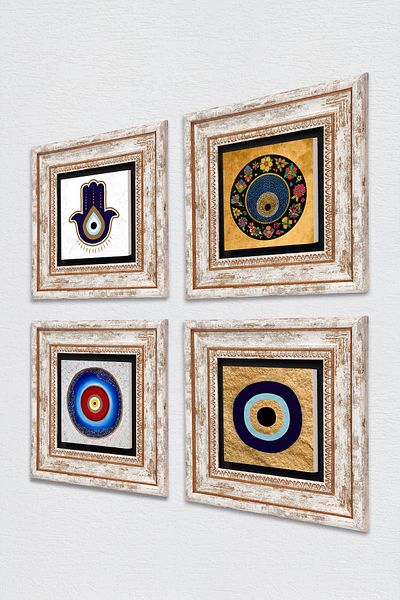 Pinecone Fatma Mother Hand (Hamsa), Nazar Stone Wall Painting Framed Wall Decor 4 Piece Painting Set Tk4-1845