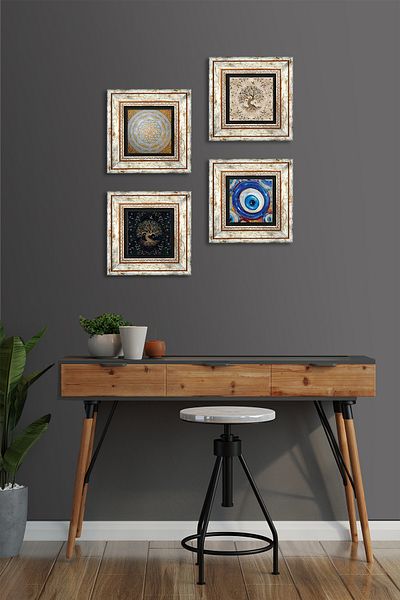 Pinecone Evil Eye, Sri Yantra, Tree of Life Stone Wall Painting Framed Wall Decor 4 Piece Table Set TK4-1563