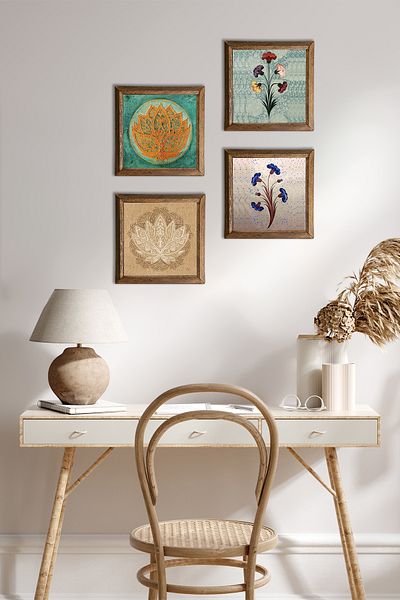 Pinecone Marbling Art, Lotus Flower Stone Wall Painting with Wooden Frame Wall Decor 4 Piece Painting Set