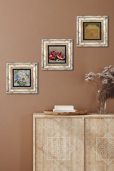 Pinecone Esma'Ül Hüsna, Butterfly Flower, Pomegranate Stone Wall Painting Framed Wall Decor Set of 3 Paintings Tk3-1148