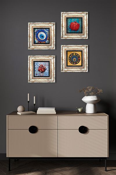 Pinecone Evil Eye, Pomegranate Stone Wall Painting Framed Wall Decor 4 Piece Painting Set Wall Art Tk4-1202