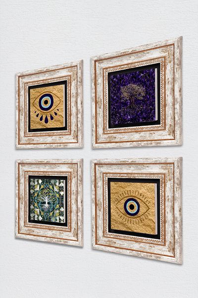 Pinecone Evil Eye, Tree of Life Stone Wall Painting Framed Wall Decor 4 Piece Painting Set Wall Art Tk4-1491