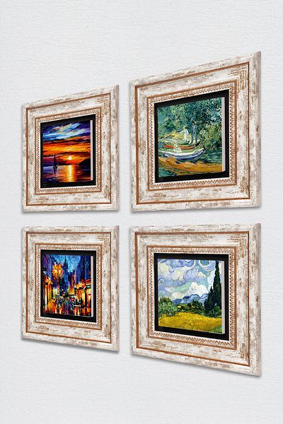 Pinecone Van Gogh, Seascape, Street Landscape Stone Wall Painting Framed Wall Decor Set of 4 Tk4-1897