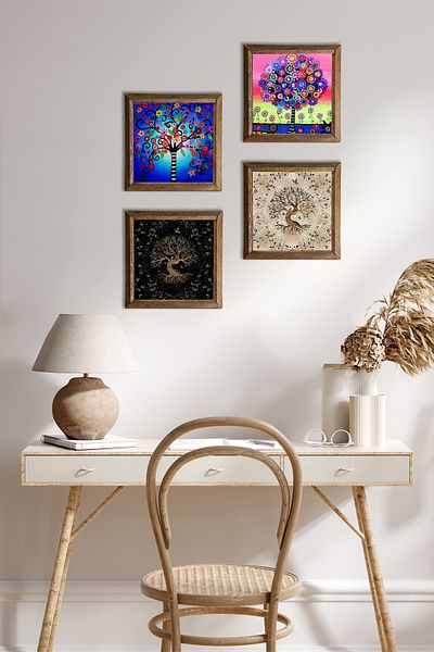 Pinecone Tree of Life Stone Wall Painting Wood Framed Wall Decor 4 Piece Painting Set Wall Art W4-849
