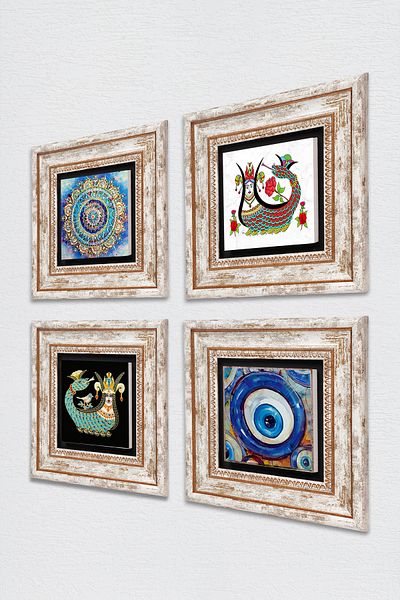 Pinecone Evil Eye, Mandala, Shahmeran Stone Wall Painting Framed Wall Decor 4 Piece Painting Set Tk4-1542