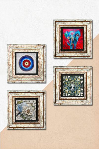 Pinecone Evil Eye, Tree of Life, Elephant, Butterfly Flower Stone Wall Painting Framed Wall Decor Set of 4 Tk4-907