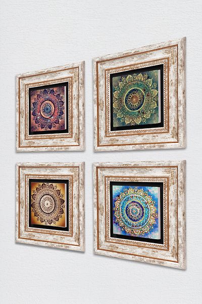 Pinecone Pictură pe perete cu piatră Mandala Decor de perete înrămat Set de pictură 4 piese Artă de perete TK4-1083