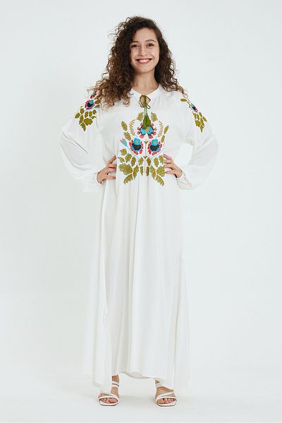 AYASOFYA OTANTIK Rochie de damă, albă, cu broderie cu punct de cruce, cu mâneci lungi, etnică, autentică