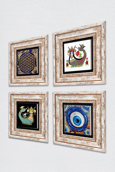 Pinecone Evil Eye, Flower of Life, Shahmeran Stone Wall Painting Framed Wall Decor 4 Piece Painting Set Tk4-1523