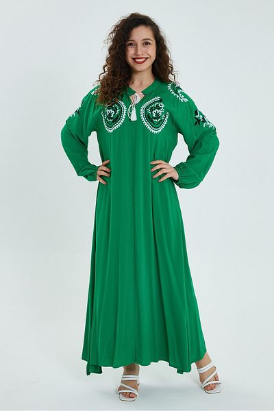 AYASOFYA OTANTIK Women's Green Flower Embroidered Embroidered Placket Collar Long Sleeve Ethnic Authentic Long Loose Dress