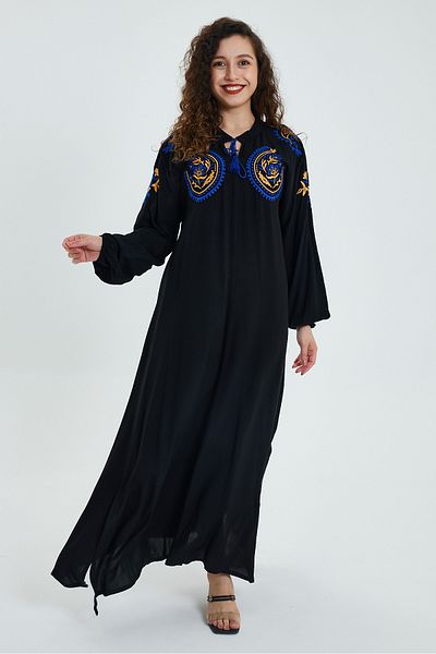 AYASOFYA OTANTIK Women's Black Flower Embroidered Embroidered Placket Collar Long Sleeve Ethnic Authentic Long Loose Dress