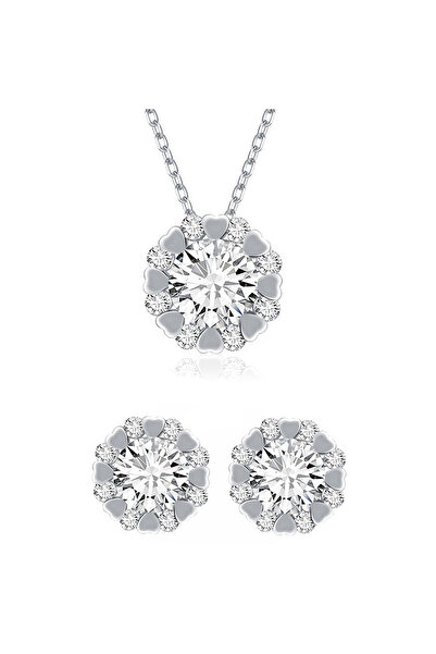Monemel Kristal Taşlı Kolye ve Küpe Set (Gümüş)