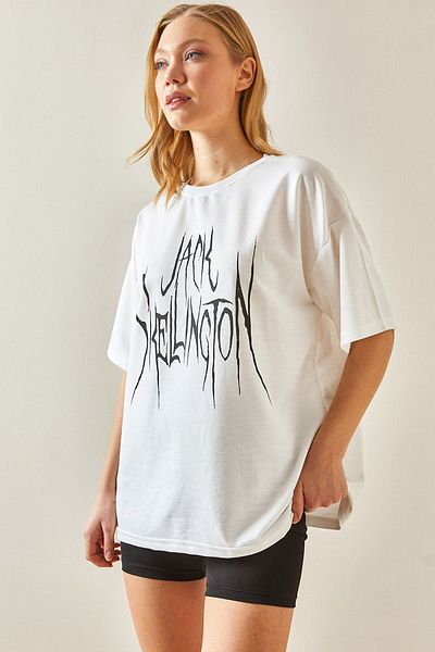 XHAN White Crew Neck Back Printed Oversize T-Shirt 4KXK1-47925-01