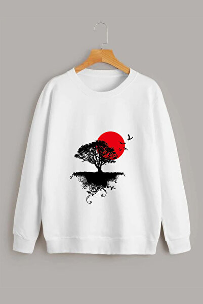 Vordevia Drvo Štampano Bela Oversize kroj Dukserica sa okruglim izrezom