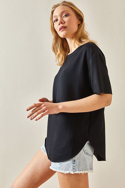 XHAN Black Crew Neck Oval Cut T-Shirt 4KXK1-47929-02
