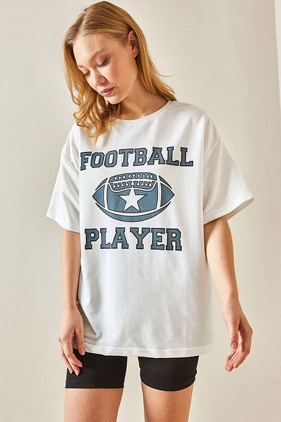 XHAN White Crew Neck Front Printed Oversize T-Shirt 4KXK1-47927-01