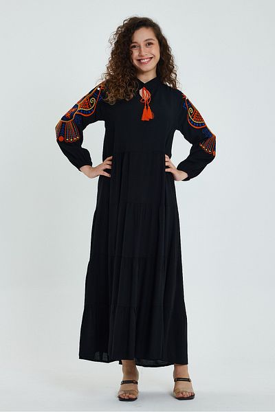 AYASOFYA OTANTIK Rochie lungă cu mânecă lungă, cu mâneci negre, brodate, cu guler cu plăcuță