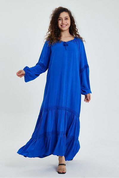 AYASOFYA OTANTIK Rochie de damă, albastră, cu dungi din dantelă, cu mânecă lungă, lungă, supradimensionată