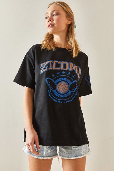 XHAN Black Crew Neck Printed Oversize T-Shirt 4KXK1-47923-02