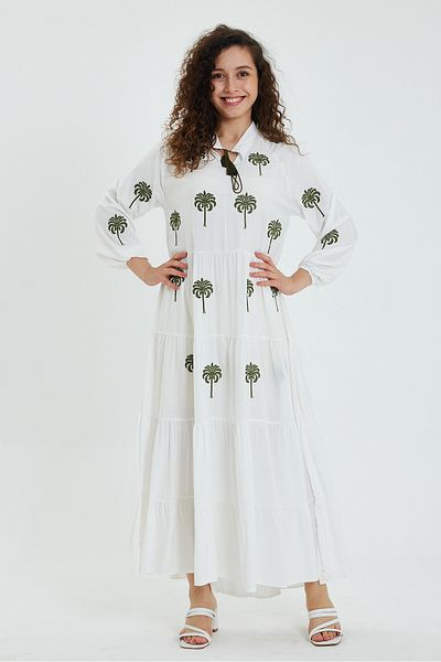 AYASOFYA OTANTIK Rochie lungă cu mânecă lungă brodata cu palmier alb pentru femei, cu guler cu pliuri