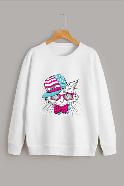 Vordevia Cool mačka Štampano bela Oversize kroj majica sa okruglim izrezom