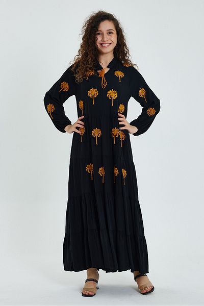 AYASOFYA OTANTIK Rochie lungă cu mânecă lungă brodata cu palmier negru pentru femei, cu decolteu