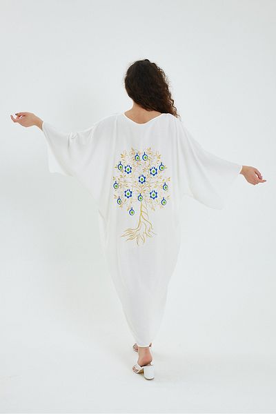AYASOFYA OTANTIK Γυναικείο φόρεμα White Life Agaç με στάμπα στην πλάτη και λεπτομέρεια τσέπης με κουμπιά Oversize