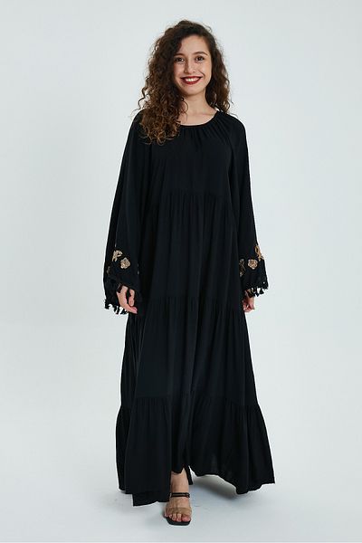 AYASOFYA OTANTIK Rochie lungă largi supradimensionată pentru femei, neagră, cu mâneci brodate și detalii cu ciucuri
