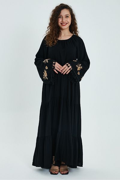 AYASOFYA OTANTIK Rochie lungă largi supradimensionată pentru femei, neagră, cu mâneci brodate și detalii cu ciucuri