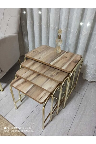 GÜVENÇ 4'lü Zigon Sehpa Sarı Nikelaj Kaplama Metal Ayaklı Ceviz Desen