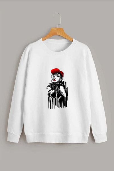 Vordevia Women's Printed White Oversize Round Neck Sweatshirt with Hat