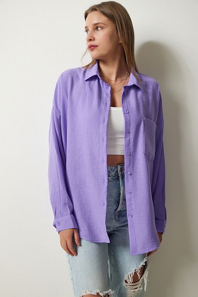 Happiness İstanbul Lilafarbenes Oversize-Leinen-Ayrobin-Hemd für Damen DD01222