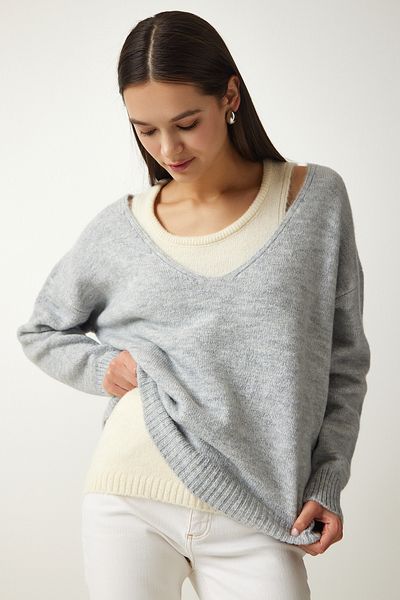Happiness İstanbul Women's Gray Undershirt Soft Textured Double Knitwear Sweater PF00057