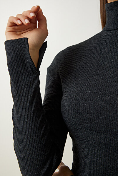 Happiness İstanbul Γυναικείο πλεκτό φόρεμα με ζιβάγκο από ανθρακί UB00215