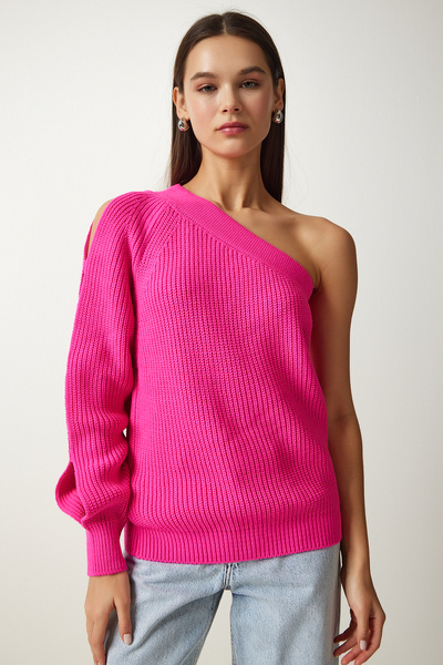 Happiness İstanbul Kadın Fuşya Pencere Detaylı Tek Kol Triko Kazak PF00059