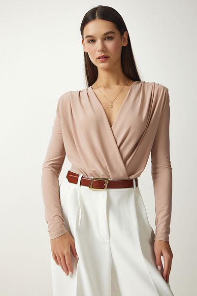 Happiness İstanbul Damen-Strickbluse mit Wickelkragen in Beige, zum Anstecken, FF00147