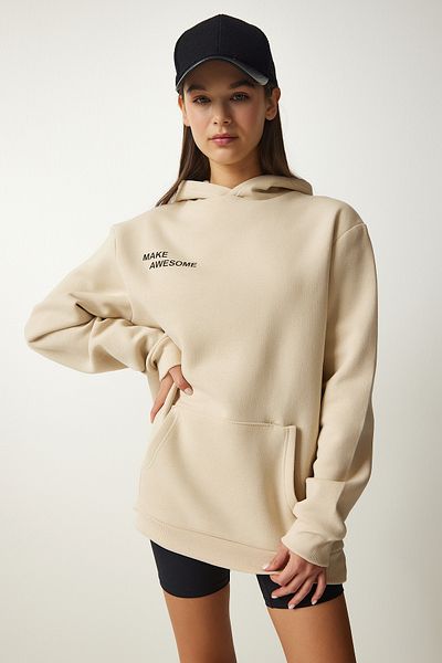 Happiness İstanbul Beigefarbenes Damen-Sweatshirt mit Schalkragen und Kapuze OW00009