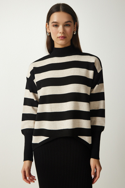 Happiness İstanbul Women's Black Striped Sweater Dress Knitwear Suit KG00008