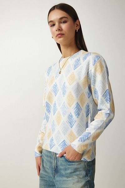 Happiness İstanbul Damen-Strickpullover mit weichem Strukturmuster in Gelb und Blau LU00022