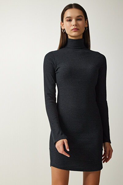 Happiness İstanbul Γυναικείο πλεκτό φόρεμα με ζιβάγκο από ανθρακί UB00215