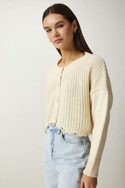 Happiness İstanbul Cardigan de damă, crem, rupt cu detaliu, cu nasturi, tricotaj, PF00054