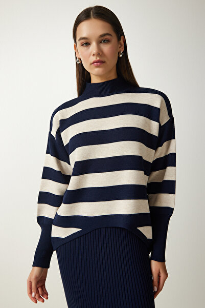 Happiness İstanbul Női sötétkék csíkos pulóver ruha kötött ruha KG00008