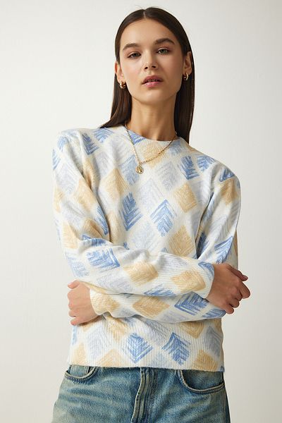 Happiness İstanbul Damen-Strickpullover mit weichem Strukturmuster in Gelb und Blau LU00022