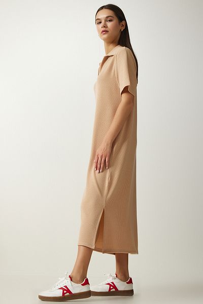 Happiness İstanbul Damen-Strickkleid aus Cord in Beige mit Polokragen DZ00110