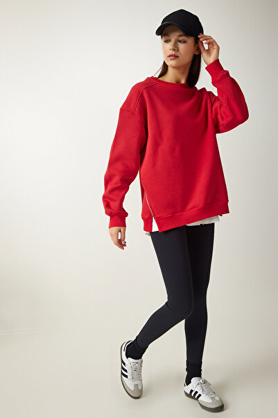Happiness İstanbul Kadın Kırmızı Fermuar Detaylı Şardonlu Örme Sweatshirt UB00148