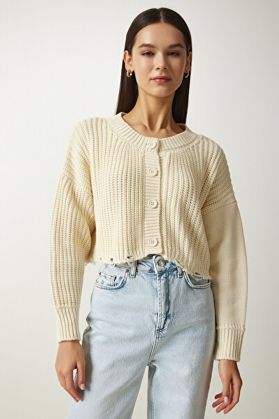 Happiness İstanbul Női krémszaggatott részletes gombos kötöttáru kardigán PF00054